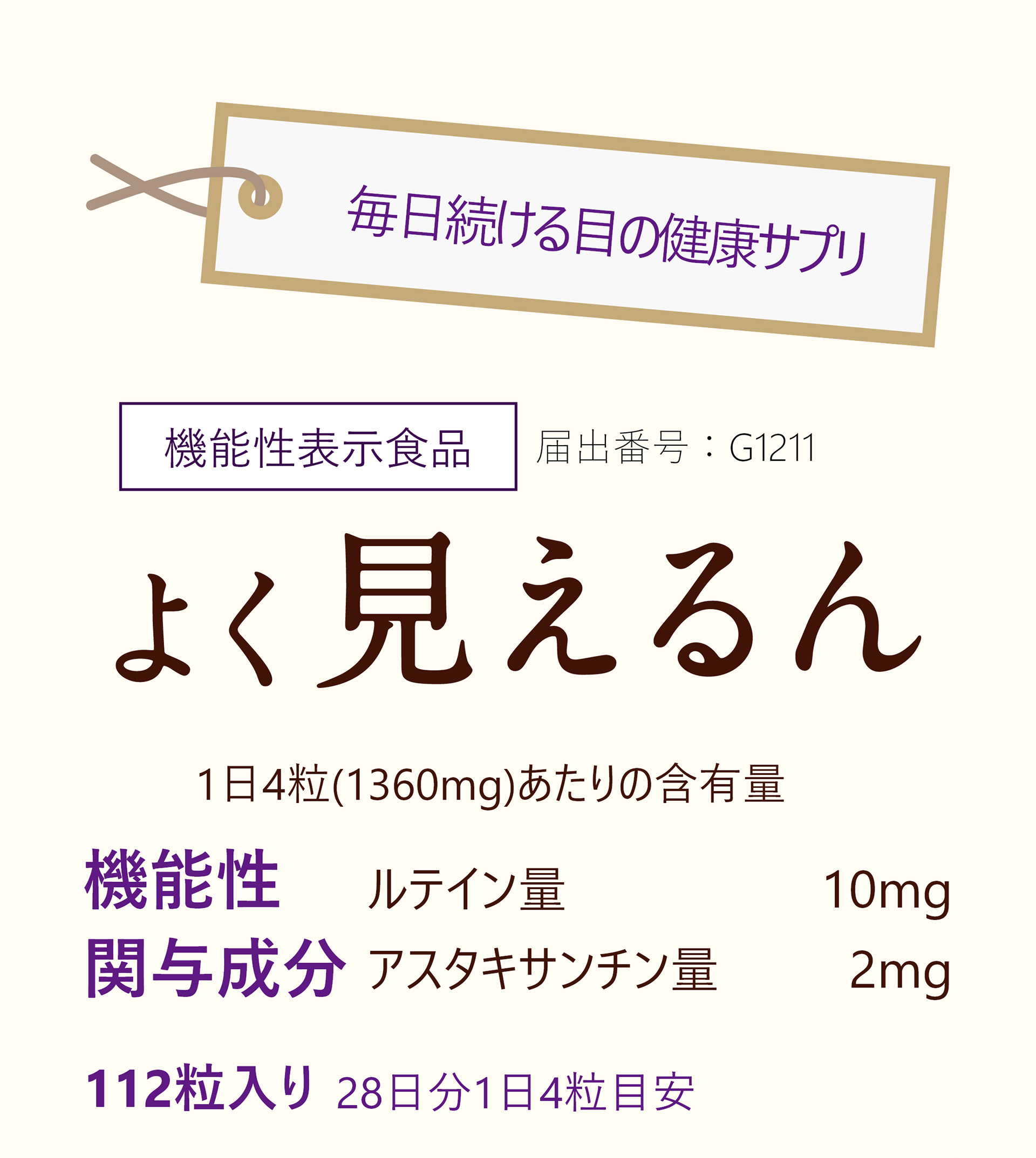 毎日続ける目の健康サプリ 機能性表示食品 届出番号：G1211 よく見えるん 1日4粒(1360mg)あたりの含有量 機能性関与成分 ルテイン量 10mg アスタキサンチン量 2mg 112粒入り 28日分 1日4粒目安
